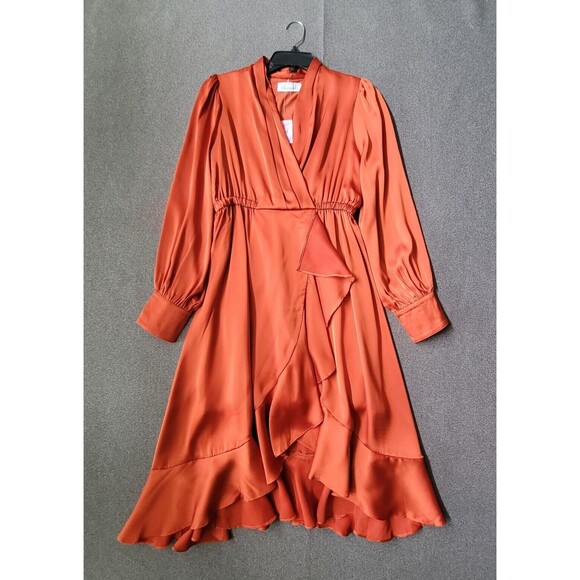 Chicwish M Rust Asymmetric Faux Wrap Ruffle Hem Satin Dress 711 - Picture 2 of 13